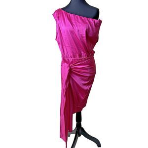 Zesica Womens Fuscia Asymmetrical Midi Dress L Ruched One Shoulder Cutout New